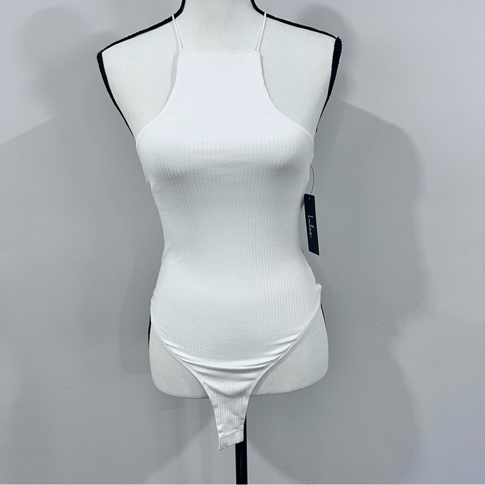 Lulu’s White Ribbed Sleeveless Racerback Bodysuit